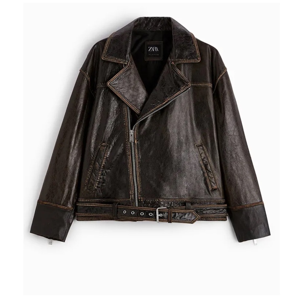 NWT Zara Vintage Leather Biker Jacket Brown Belted Moto Size S